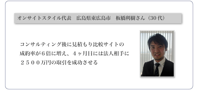 オンサイトスタイル代表　広島県東広島市　板橋利樹さん（30代）
成約率が６倍に増え、コンサル４ヶ月目に
法人相手に２５００万円の取引を成功させる